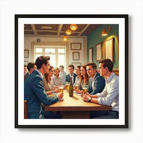 A Lively English Pub Quiz Night With Patrons And Trivia Questions, Watercolor Style 1 Art Print