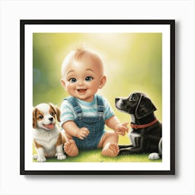 Baby And Dogs Art Print