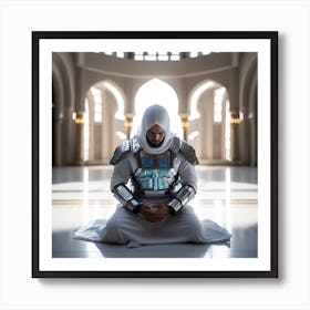 A 3d Dslr Photography Muslim Wearing Futuristic Digital Armor Suit , Praying Towards Makkah Masjid Al Haram, House Of God Award Winning Photography From The Year 8045 Qled Quality Designed By Apple Art Print