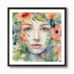 Watercolor Of A Woman With Flowers 3 Art Print