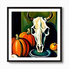 Cow Skull And Pumpkins Art Print