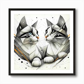 Cat Twins - Abstract Line Art Illustration 173 Affiche