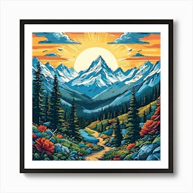 Mountain Landscape Painting, Hike The Globe A Nature Inspired ,Showcasing Mountain Ranges Hiking Trails And National 2 Art Print