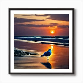 Seagull On The Beach At Sunset 2 Art Print