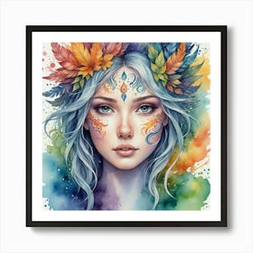 Watercolor Girl With Leaves Art Print