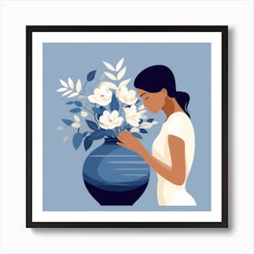 Woman Holds A Vase Of Flowers Art Print