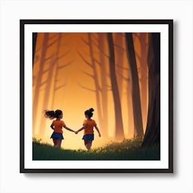 Two Girls Holding Hands In The Forest Art Print