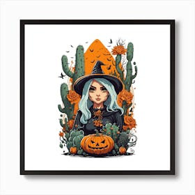 Witch With Pumpkin And Cactus Art Print