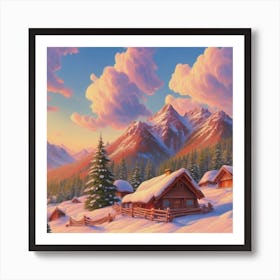 Mountain village snow wooden huts 4 Art Print