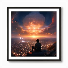 Sitting High Up On A Hill Looking Down At A City Being Nuclear Bombed Bathed In The Ethereal Glow Art Print