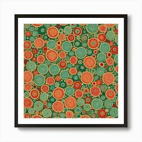 A Pattern Featuring Circles filled with circles With Lines Rustic Green, Red and white Colors, Flat Art, 109 Art Print