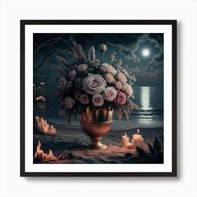 vase of Roses ander moon light 2 Art Print