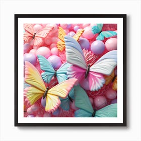 Colorful Butterflies On A Pink Background Art Print