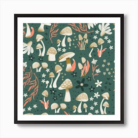 Mushrooms And Flowers On Green Square Art Print