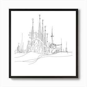 Barcelona Skyline, minimalist, line art, black and white. Art Print