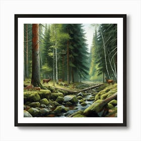 Deer In The Forest, Acrylic Painting Style 6 Art Print