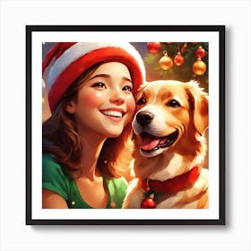 Christmas Girl With A Dog Art Print