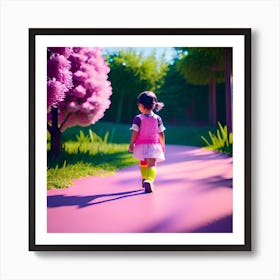 Little Girl Walking Through A Pink Forest Art Print