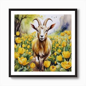 Goat In Yellow Tulips Garden Art Print