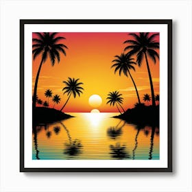 Sunset With Palm Trees Art Print