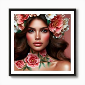 Beautiful Woman With Flowers On Her Head Art Print