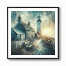 Charming Coastal Scene: Weathered Lighthouse, Rustic Cottage, and Tranquil Sunrise Painting in Blue, Grey, and Yellow Art Print