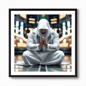 A 3d Dslr Photography Muslim Wearing Futuristic Digital Suit , Praying Towards Makkah Standing Tall Award Winning Photography From The Year 8045(2) Art Print