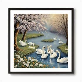 By River Swans Art Print