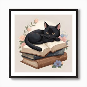 Black Cat On Books Art Print