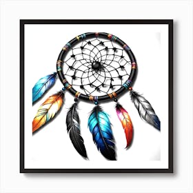 Indian Handmade Dream Catcher With Color Feathers - Minimal Illustration In Pastel Colors Art Print