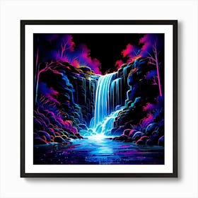 A Neon Infused Line Art Drawing Of A Cascading Waterfall Set Against A Dark Background The Waterfa (1) (1) Art Print