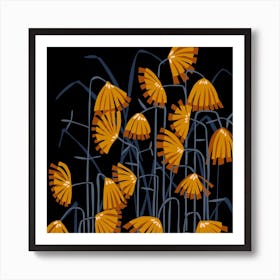 Linocut Flower Meadow Mustard Black Art Print