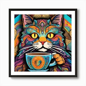 Cat With Coffee Cup Whimsical Psychedelic Bohemian Enlightenment Print Art Print