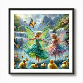 Fairy Princesses playing with baby ducks  Art Print