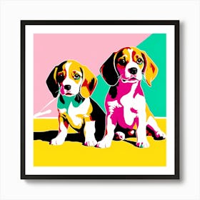 'Beagle Pups' , This Contemporary art brings POP Art and Flat Vector Art Together, Colorful, Home Decor, Kids Room Decor,  Animal Art,  Puppy Bank - 15th Art Print