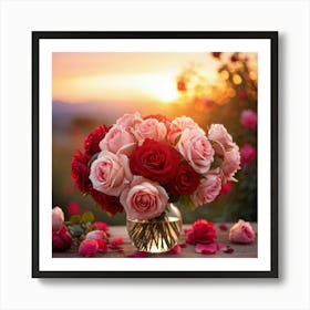 Bouquet Of Mixed Red And Pink Roses Peonies Delicately Woven Into Vines Soft Focus With Scattered (4) Art Print