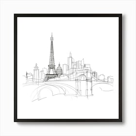 Paris Skyline Sketch, minimalist, line art, black and white. Art Print