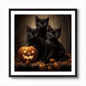 Black Cats With Pumpkins Art Print