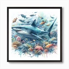 Sea Shark In Motion, Sea Shark Watercolour Art Print 2 Art Print