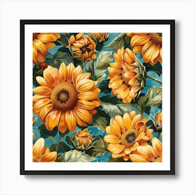 Sunflowers On A Blue Background 1 Art Print