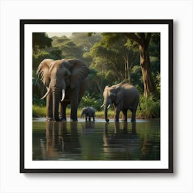 A Family Of Elephants Drinking From A Tranquil River In The Heart Of A Lush Jungle, With Tall Trees And Greenery Framing The Scene 1 Art Print