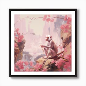 Macaque Pink Jungle Animal Portrait Art Print