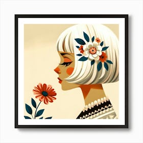 White Short Hair Girl With Flowers Art Print