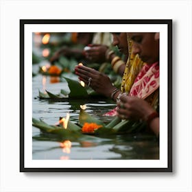 Women Lighting Candles In The Water Art Print