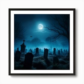 Full Moon Casting An Eerie Glow Over A Cemetery Gravestones Crooked With Names Worn By Time Mist C (7) Art Print