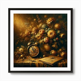 Flowers And A Clock Art Print