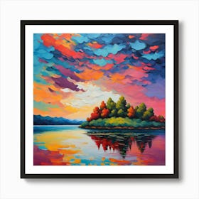 Sunset On The Lake , Celestial Canvas: Autumn Island Amidst Reflective Lake Waters wall art Art Print