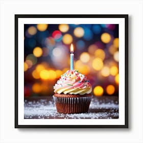 Birthday Celebration Cupcake Adorned With Vibrant Hued Frosting Single Candle Alight Casting A So (2) Art Print