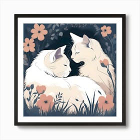 Silhouettes Of Cats In The Garden At Night, White, Cream And Blue Art Print