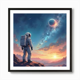 A Watercolor Astronaut Standing On An Asteroid Looking At Distant Galaxies 1 Art Print